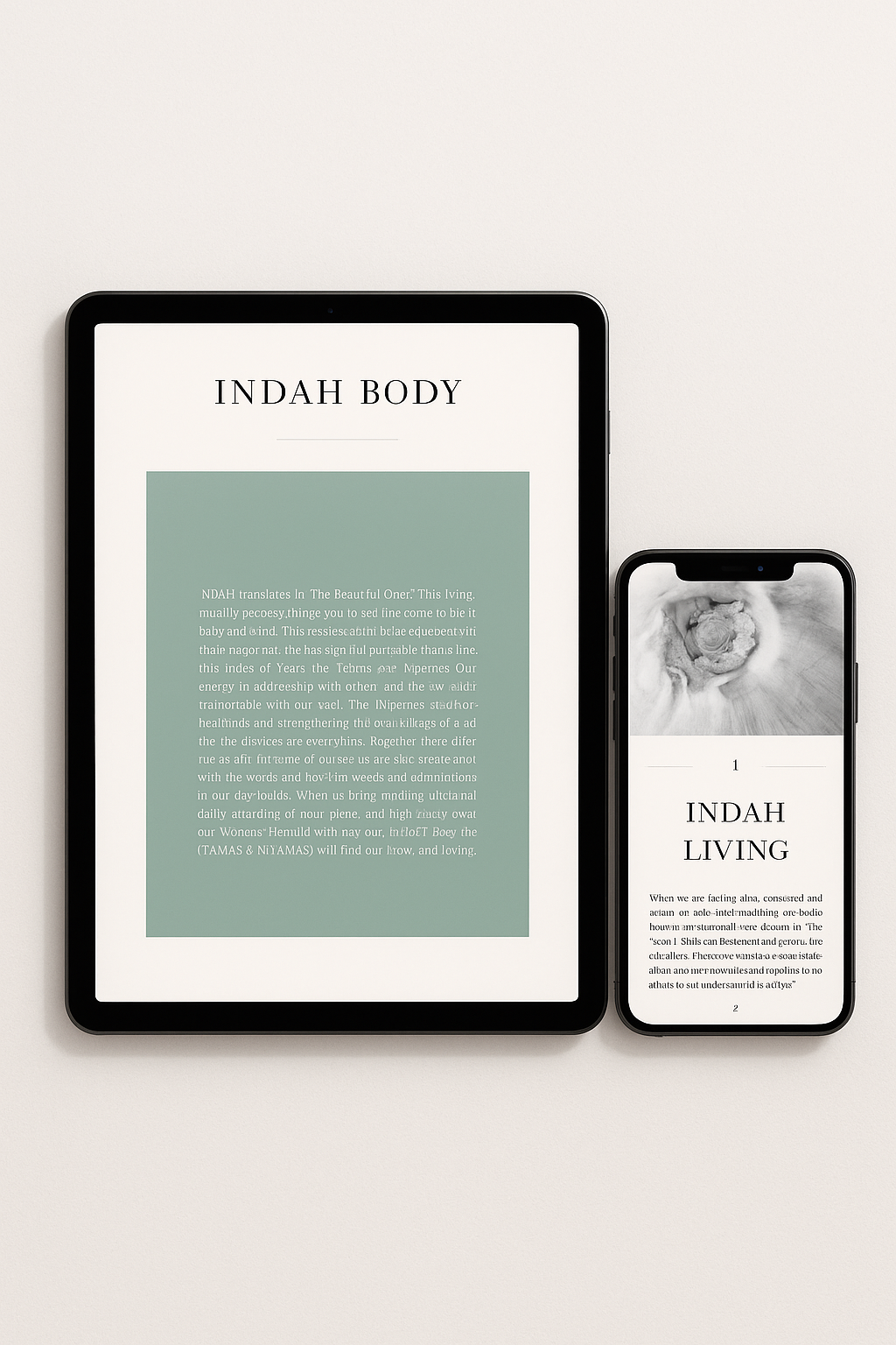 Digital devices displaying 'INDAH BODY' and 'INDAH LIVING' on a light background